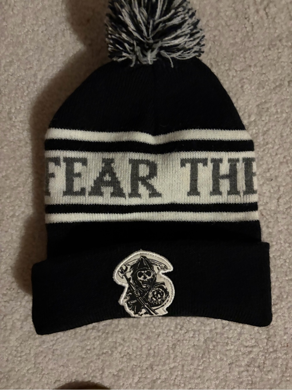 Black & White Pom Pom Kids Beanie Hat with Skull Patch